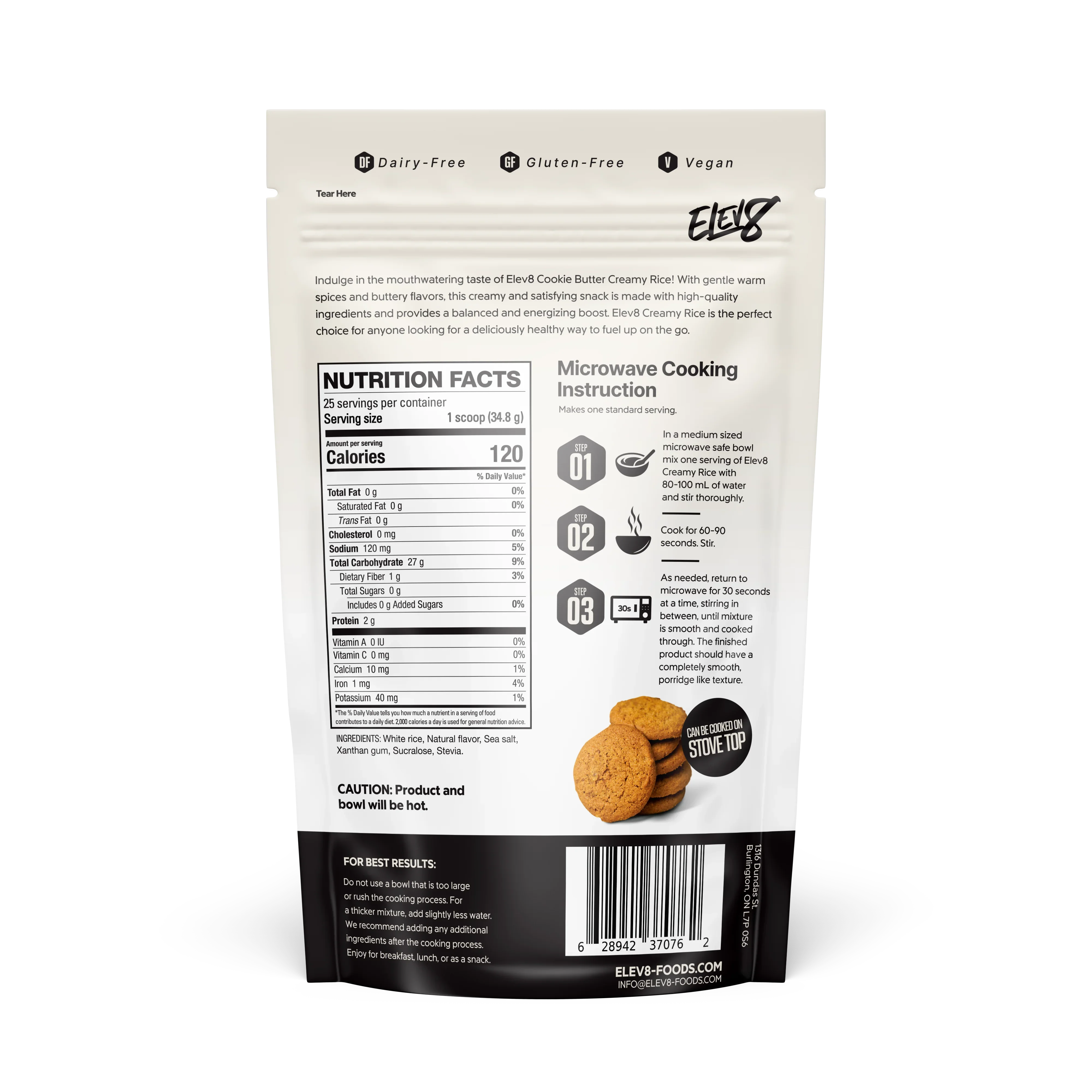 Back of Elev8 Cookie Butter Creamy Rice pouch showing nutrition facts, cooking instructions, and cookies image.
