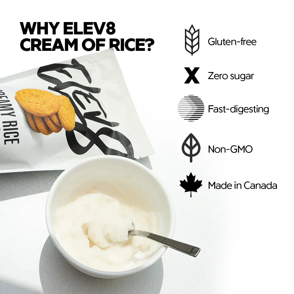 Elev8 Cream of Rice gluten-free non-GMO pouch with bowl and benefits icons
