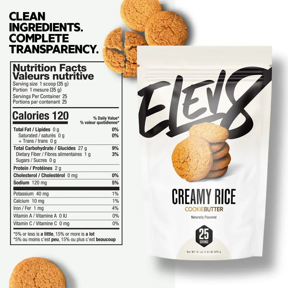 ELEV8 Creamy Rice Cookie Butter packaging with cookies, nutrition facts, and clean ingredients slogan