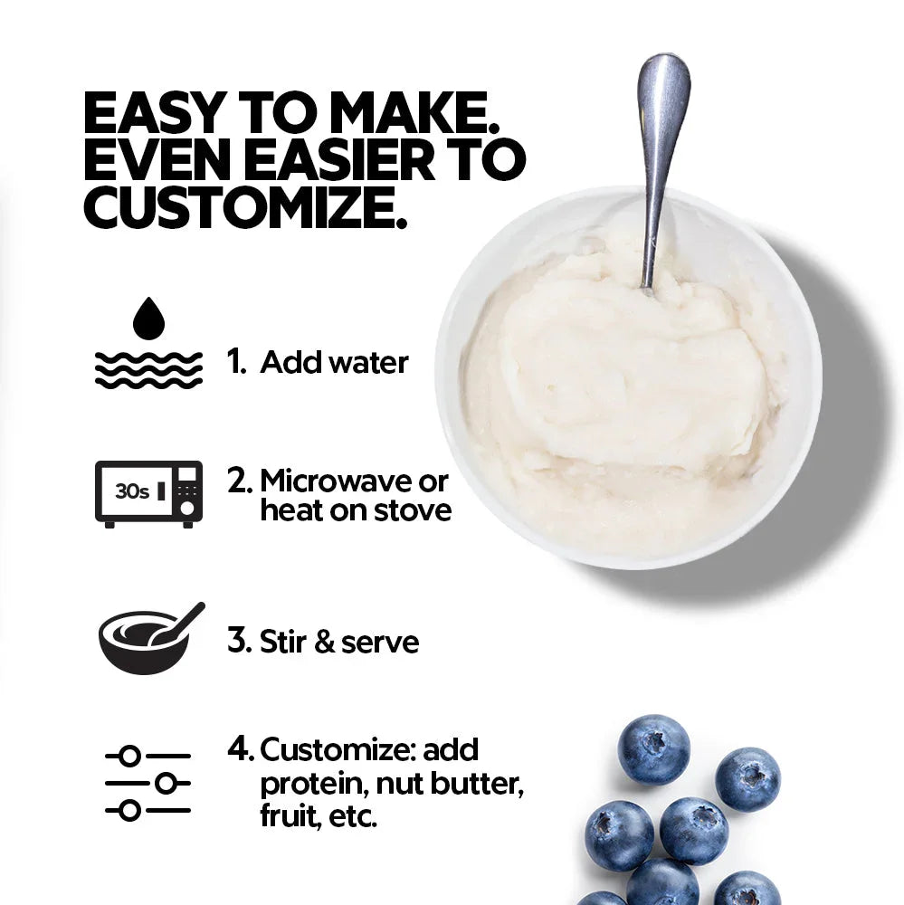 Easy breakfast mix prep steps with a bowl of creamy cereal, spoon, and blueberries.