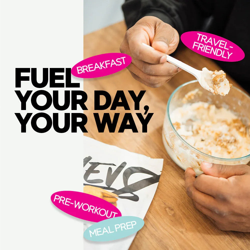 Hand holding spoon with breakfast meal in glass bowl, Revz protein powder, text says 'Fuel Your Day, Your Way'.