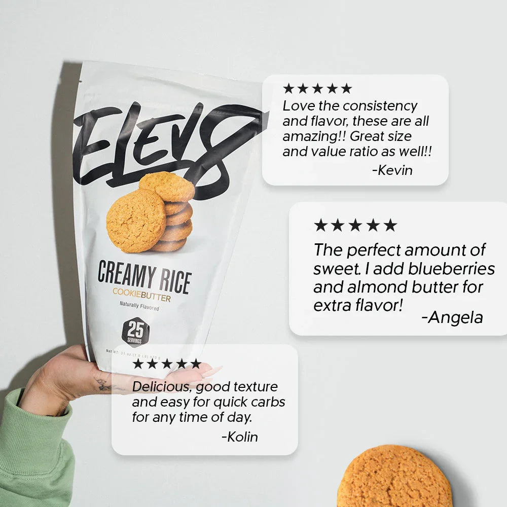 Elev8 Creamy Rice Cookie Butter package with cookies and customer reviews on a white background