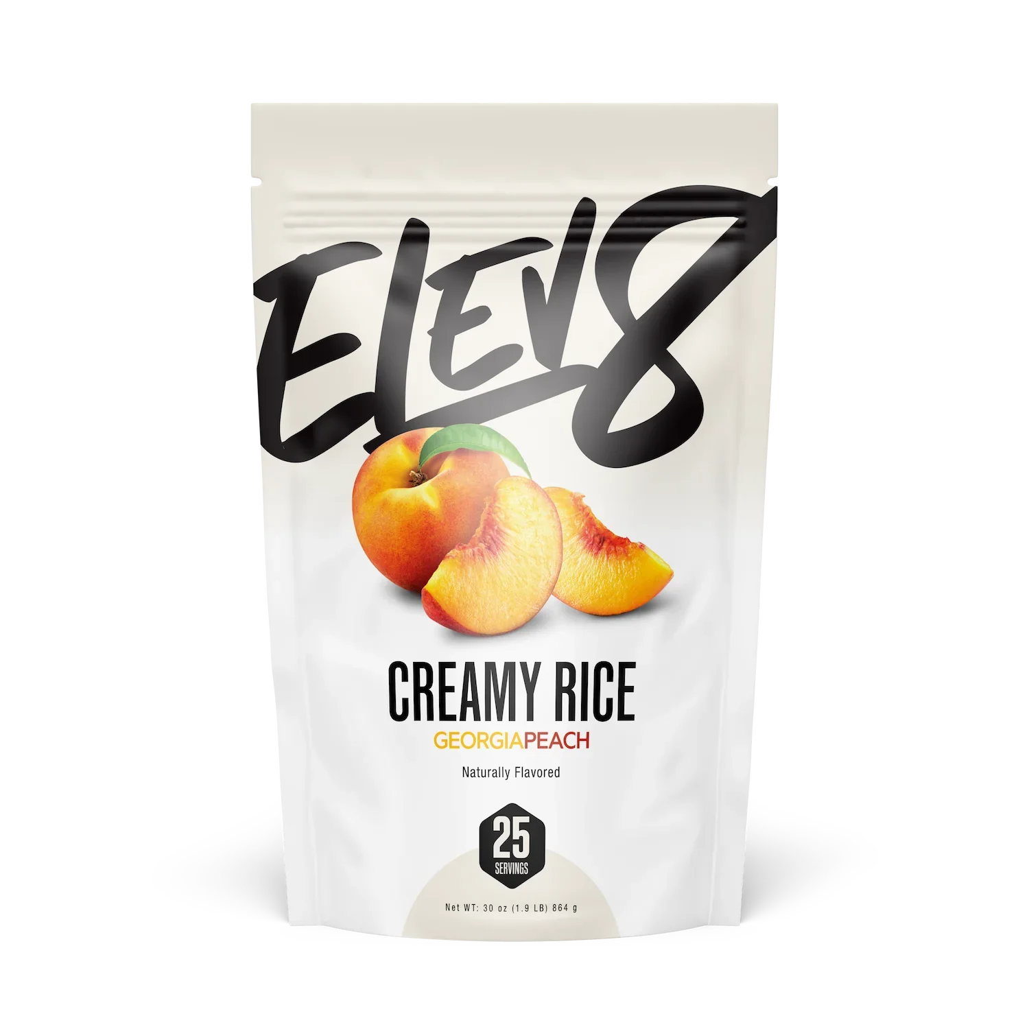 Elev8 Creamy Rice Georgia Peach flavored pouch with sliced peach image on front