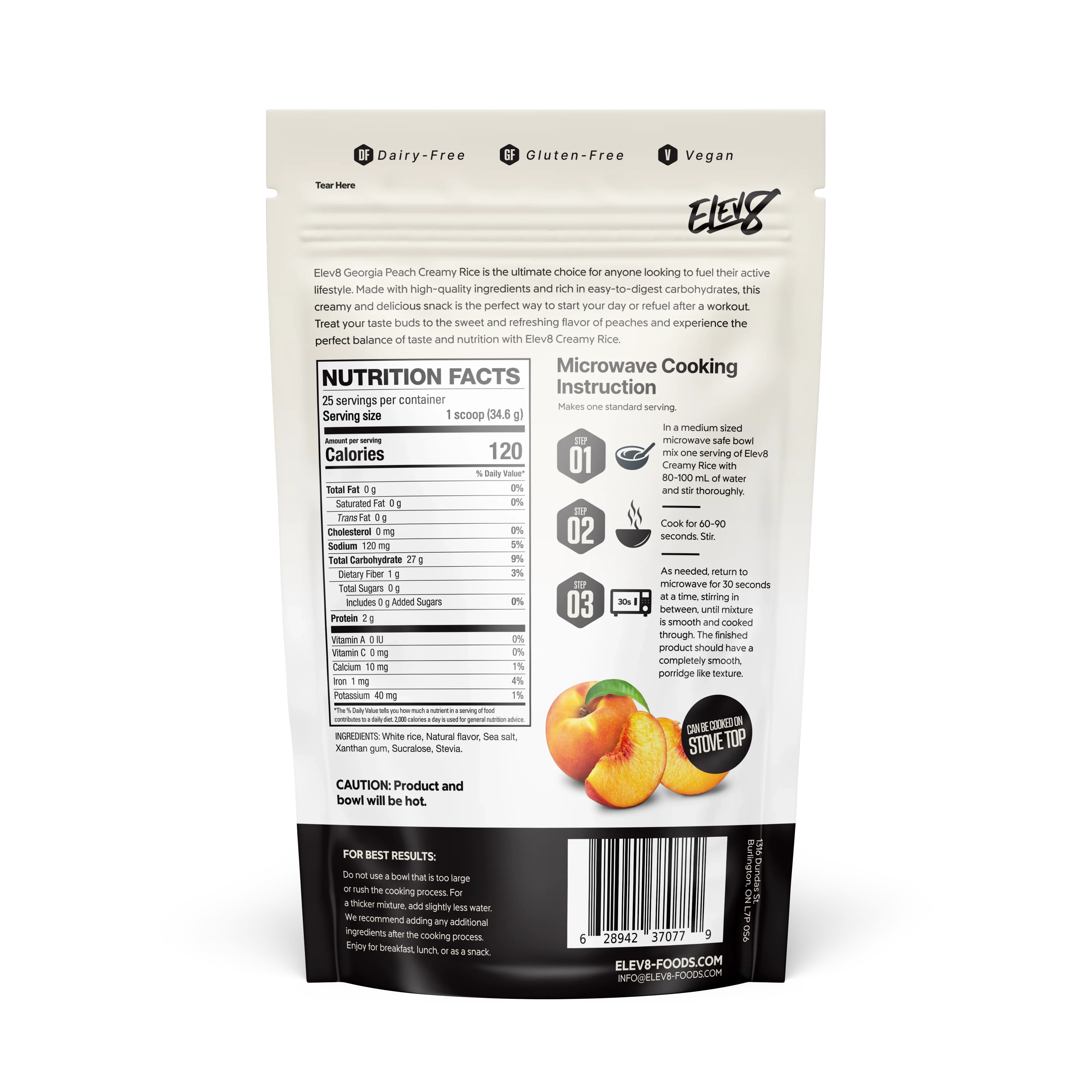 Back of Elev8 Peach Creamy Rice package with nutrition facts, cooking instructions, and peach graphic