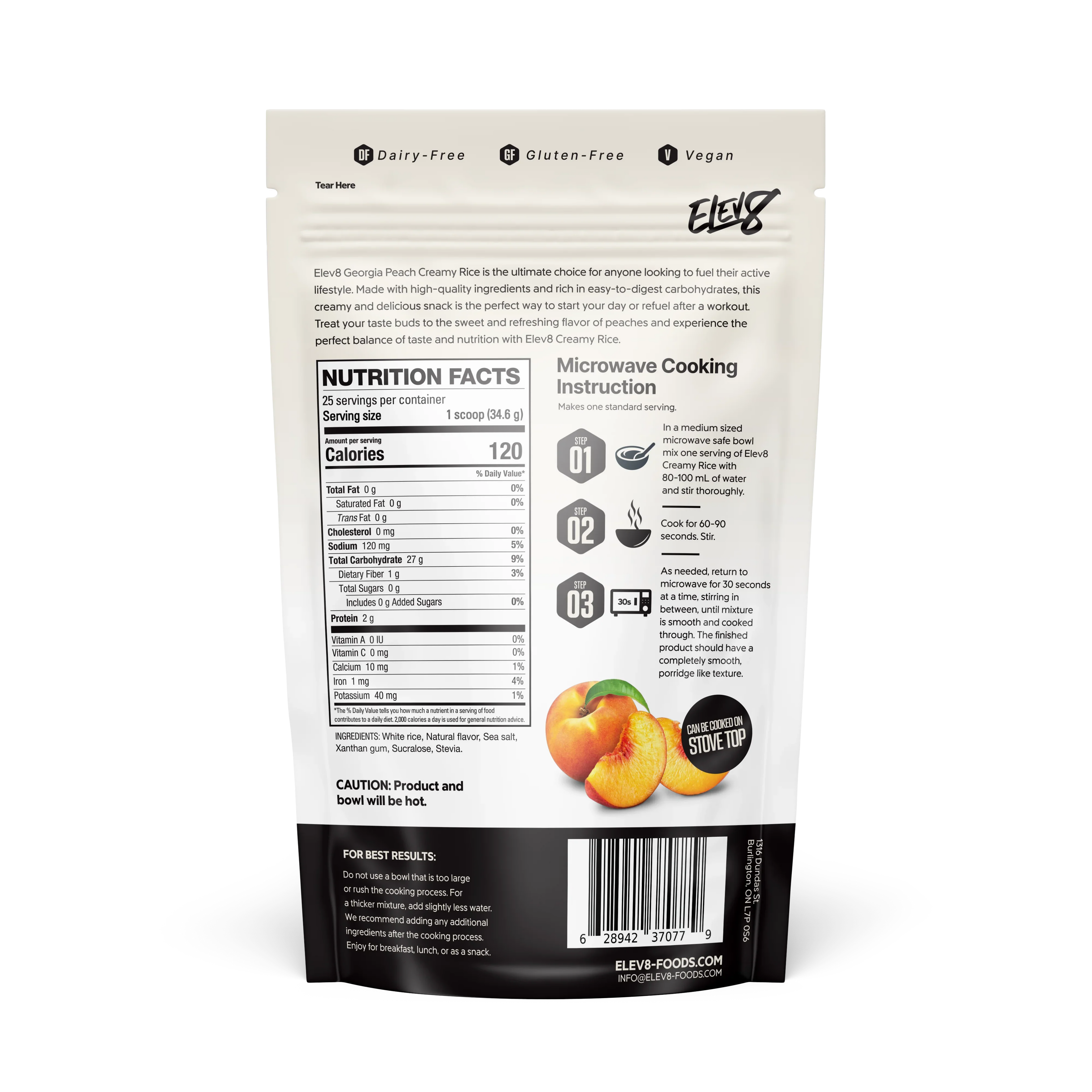 Back of Elev8 Peach Creamy Rice package with nutrition facts, cooking instructions, and peach graphic