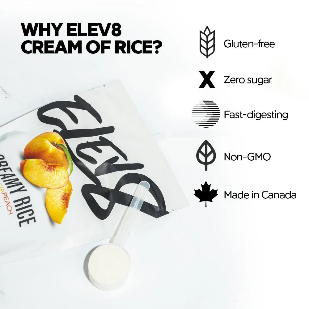 Elev8 Creamy Rice Georgia Peach bag with scoop, gluten-free, zero sugar, non-GMO features.