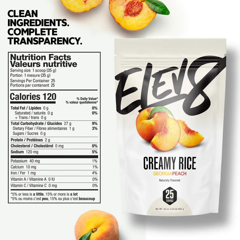 Elev8 Creamy Rice Georgia Peach flavor packaging with peaches and nutrition facts label