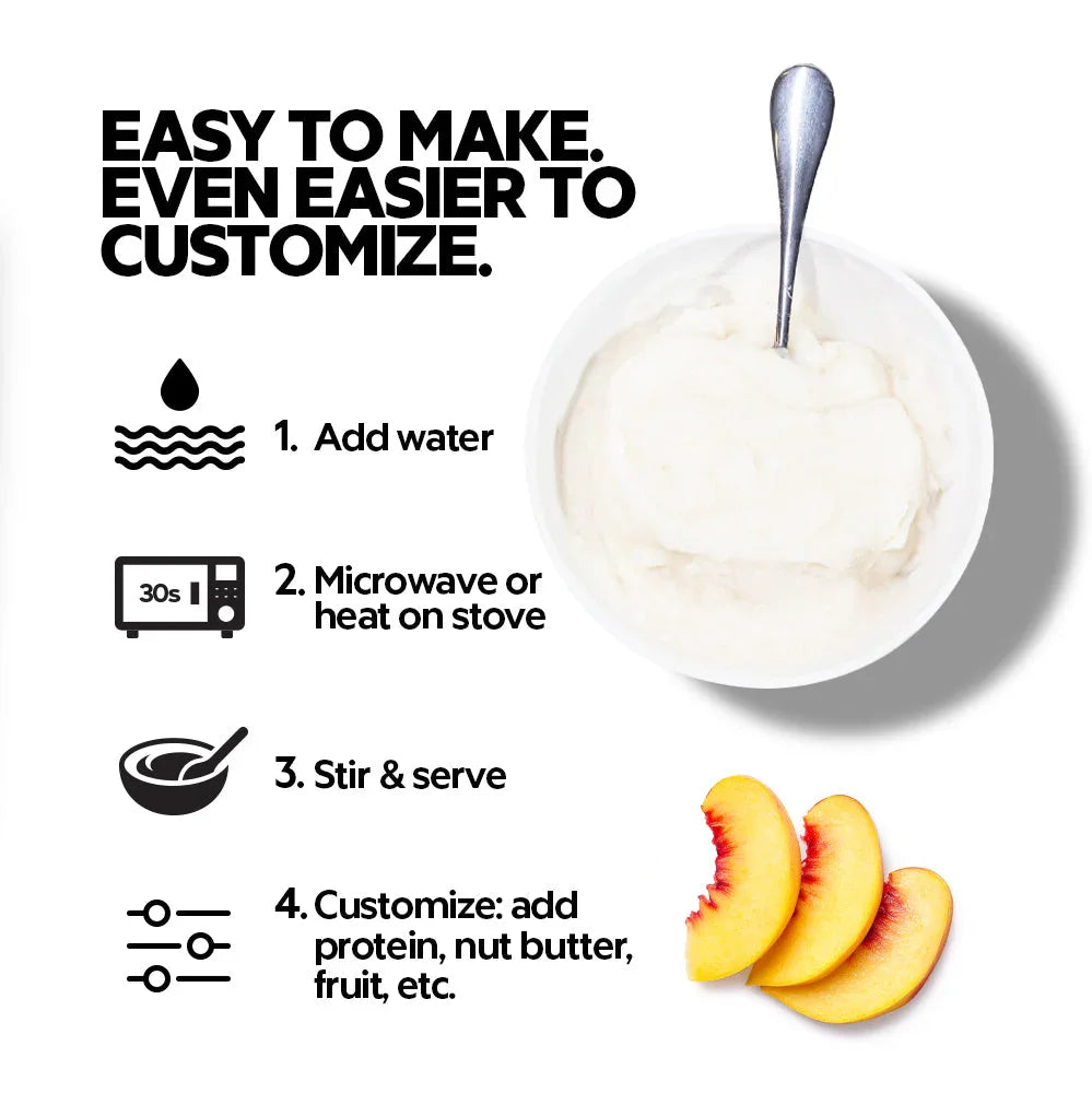 Easy customizable breakfast with bowl of creamy oatmeal, spoon, peach slices, and prep steps.