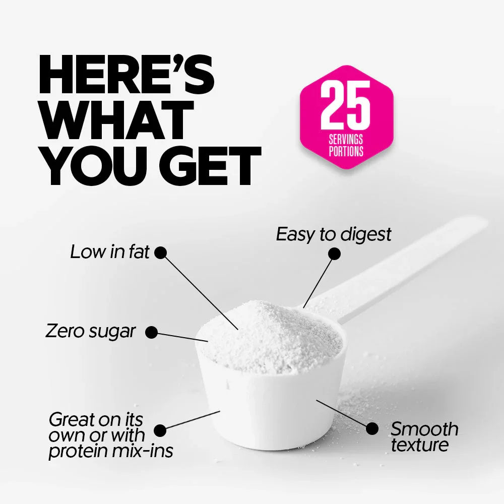 White protein powder scoop with text: low fat, zero sugar, easy to digest, smooth texture, 25 servings.