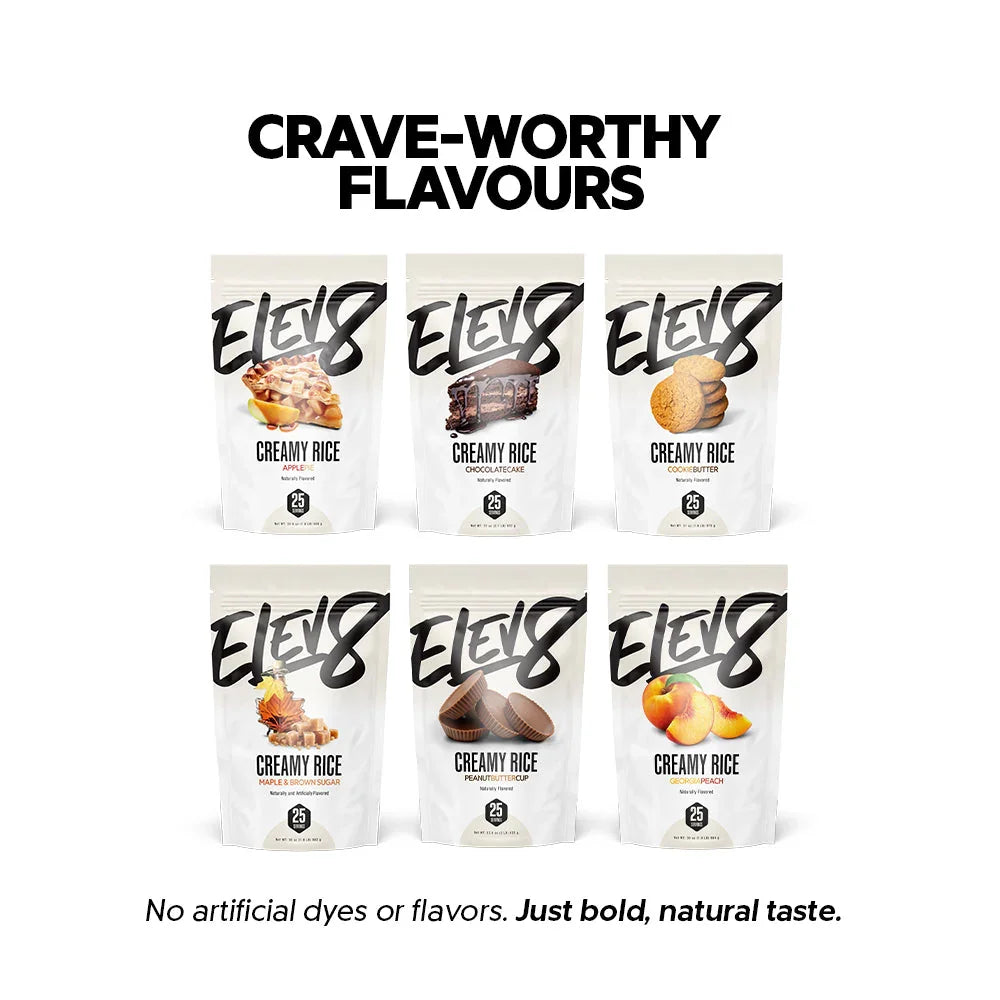 Six Elev8 Creamy Rice pouches with crave-worthy flavors like apple pie, chocolate cake, cookie butter, maple brown sugar, peanut butter cup, and Georgia peach, arranged in two rows on a white background.