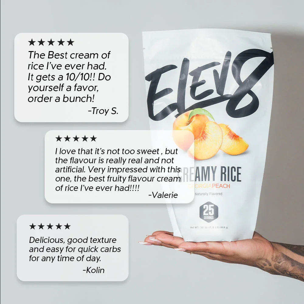 Hand holding Elev8 Creamy Rice Georgia Peach bag with peach graphics and customer reviews.