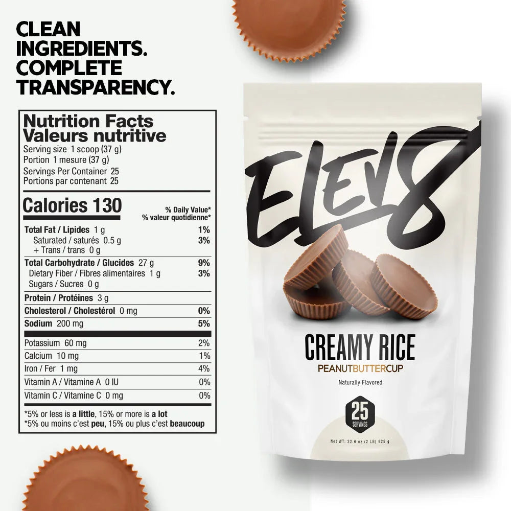 Elev8 Creamy Rice Peanut Buttercup protein powder bag, nutrition facts, peanut butter cups