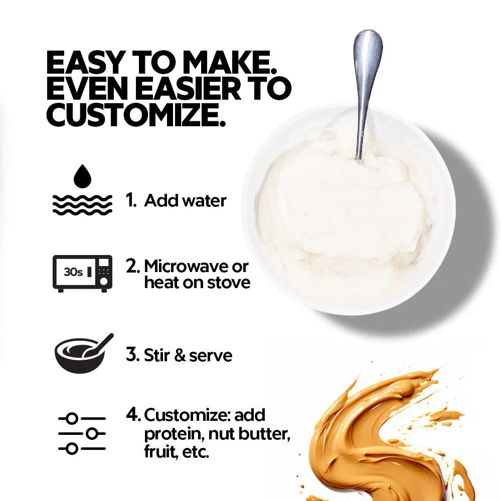 Steps to prepare a customizable, microwave protein snack with nut butter and toppings.