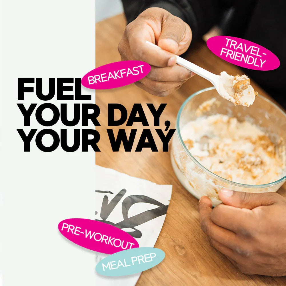 Person eating from a glass bowl with protein powder packet, text highlights breakfast, pre-workout, meal prep, travel-friendly.
