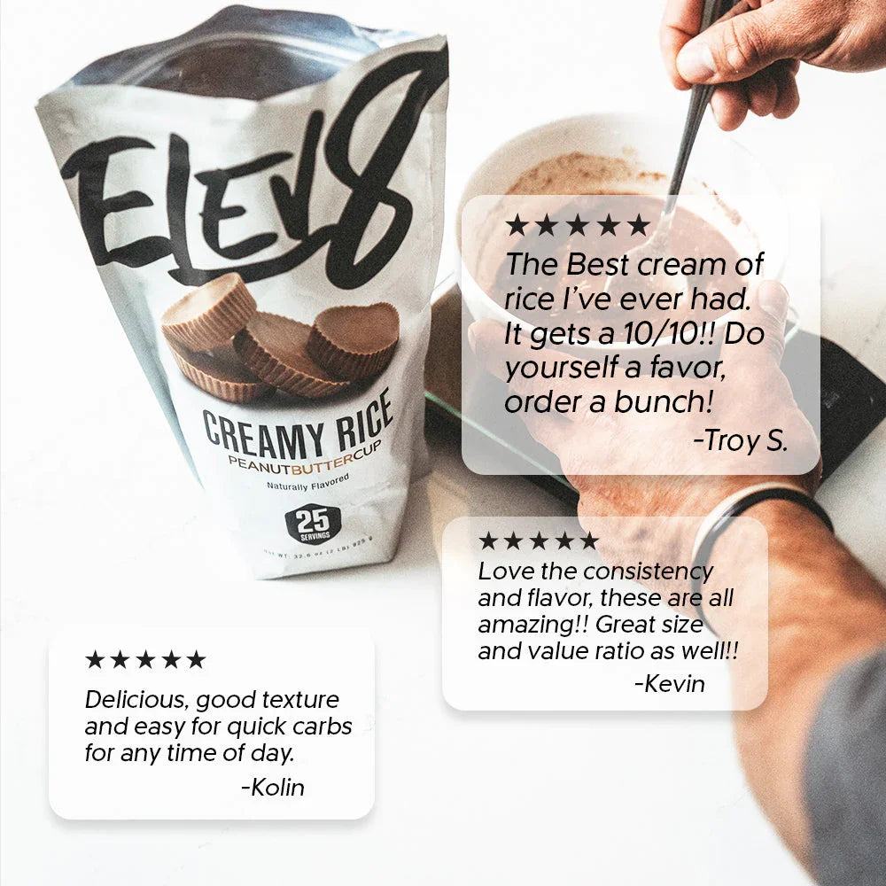 Elev8 Creamy Rice Peanut Butter Cup bag with bowl of prepared cream of rice and positive reviews.