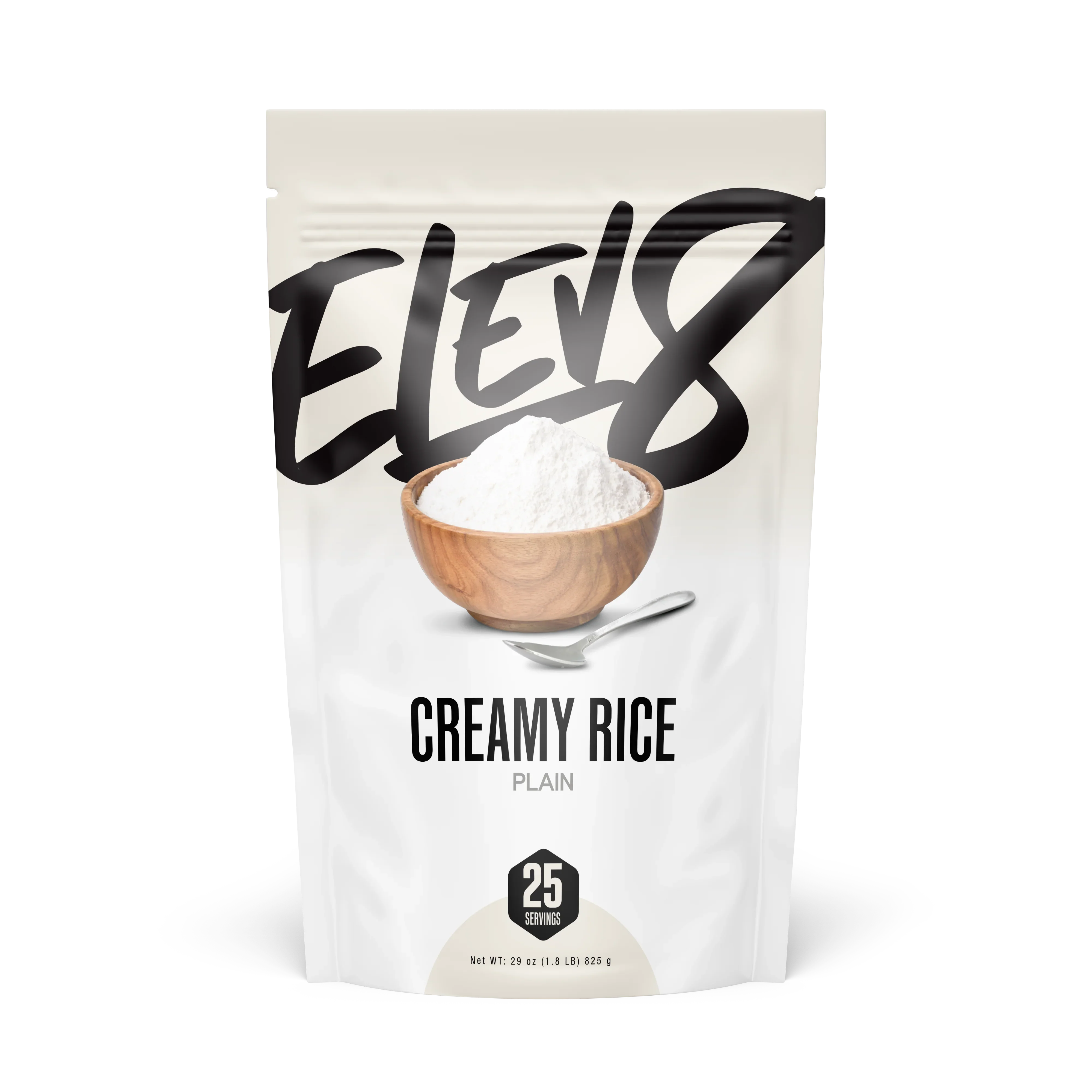 Elev8 Creamy Rice Plain pouch with wooden bowl of rice powder and spoon on white packaging
