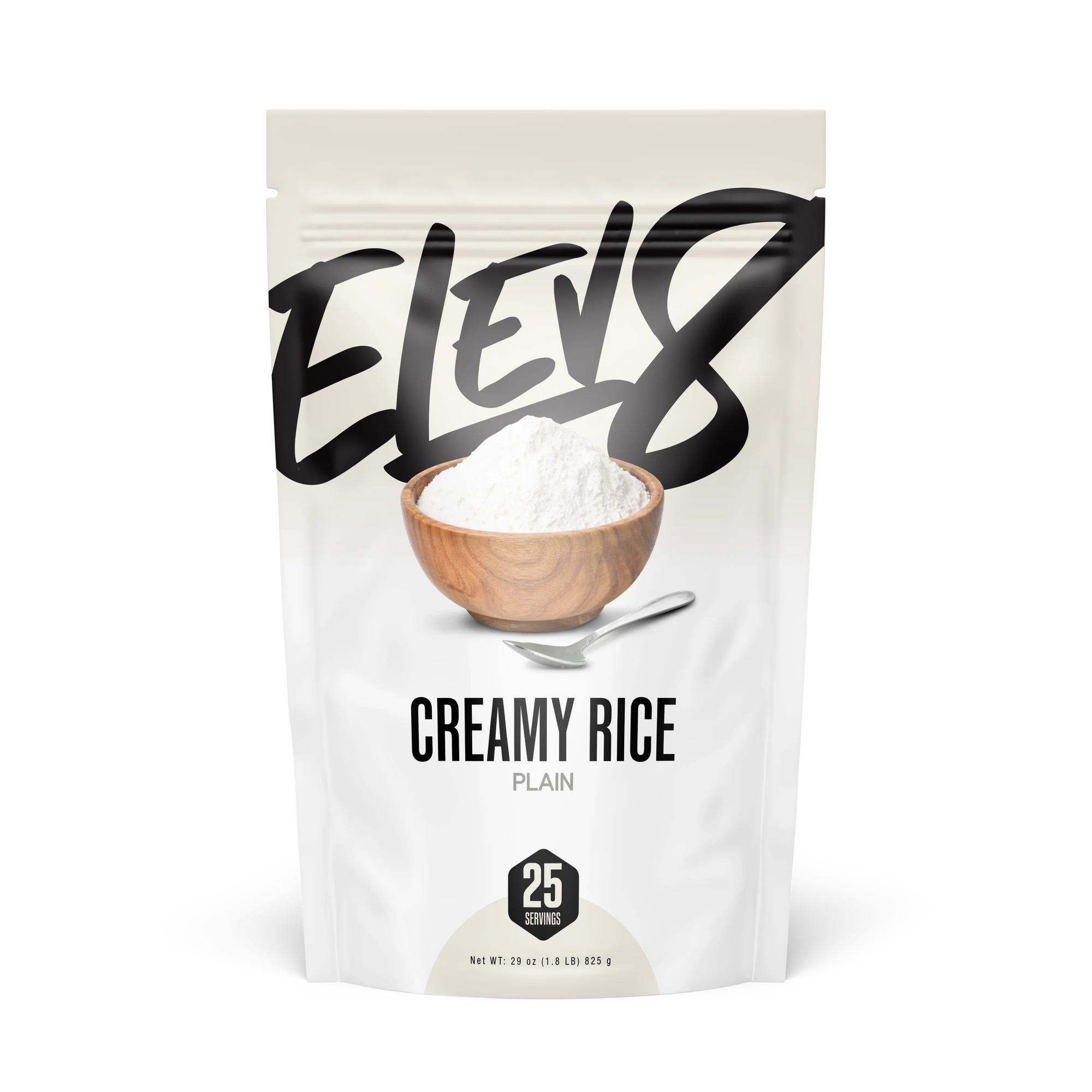 Elev8 Creamy Rice Plain pouch with wooden bowl of rice powder and spoon on white packaging