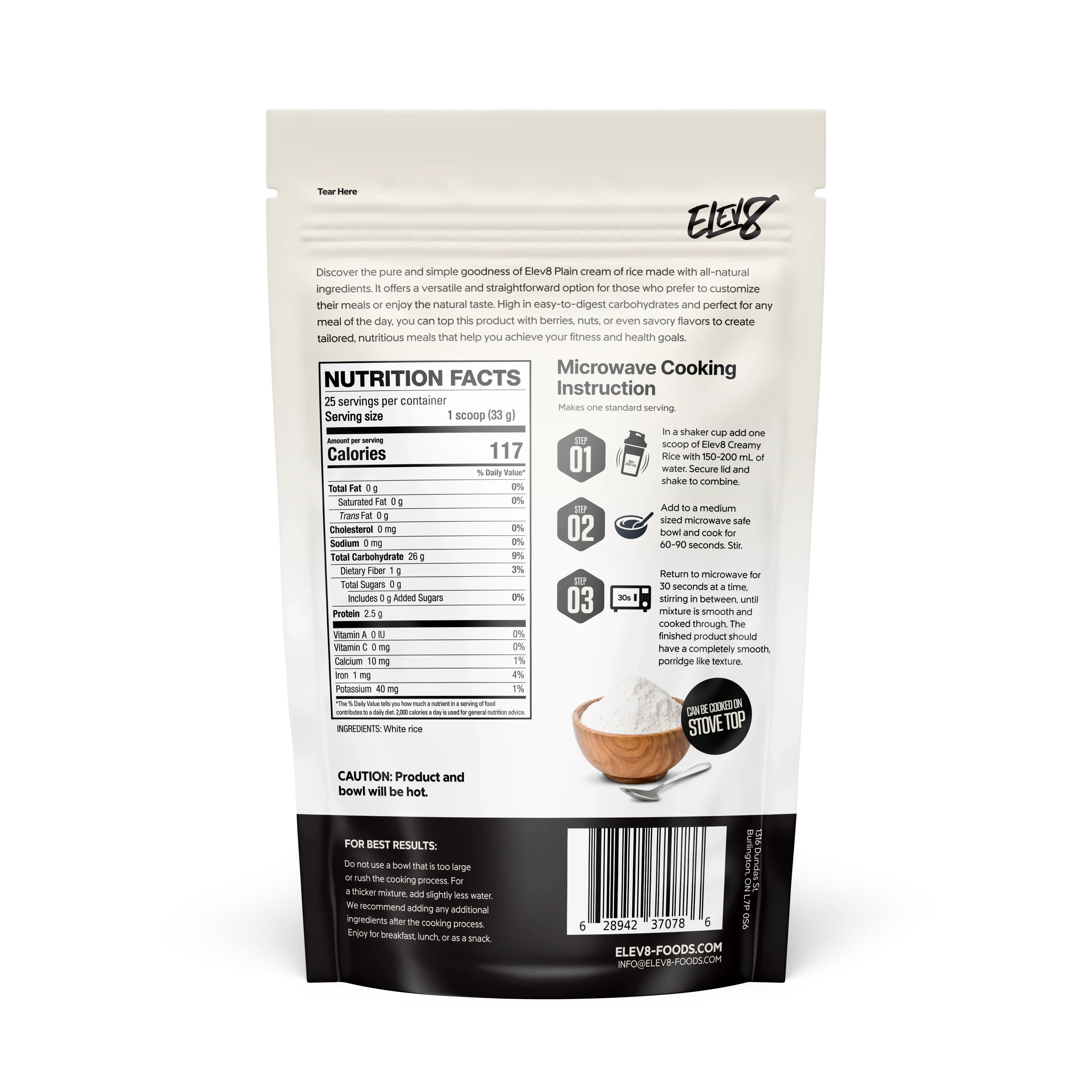 Back of Elev8 Plain cream of rice bag showing nutrition facts and microwave instructions