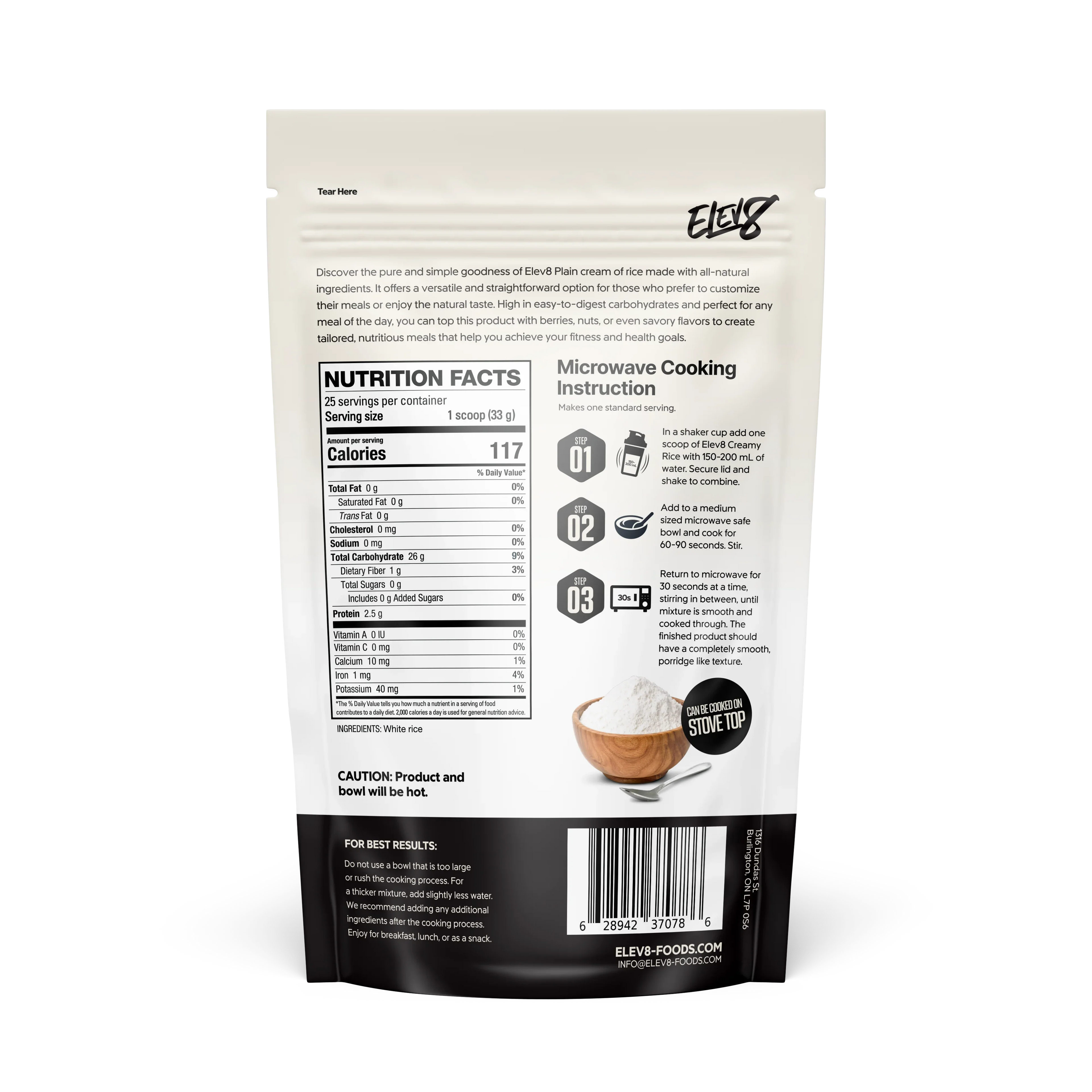Back of Elev8 Plain cream of rice bag showing nutrition facts and microwave instructions