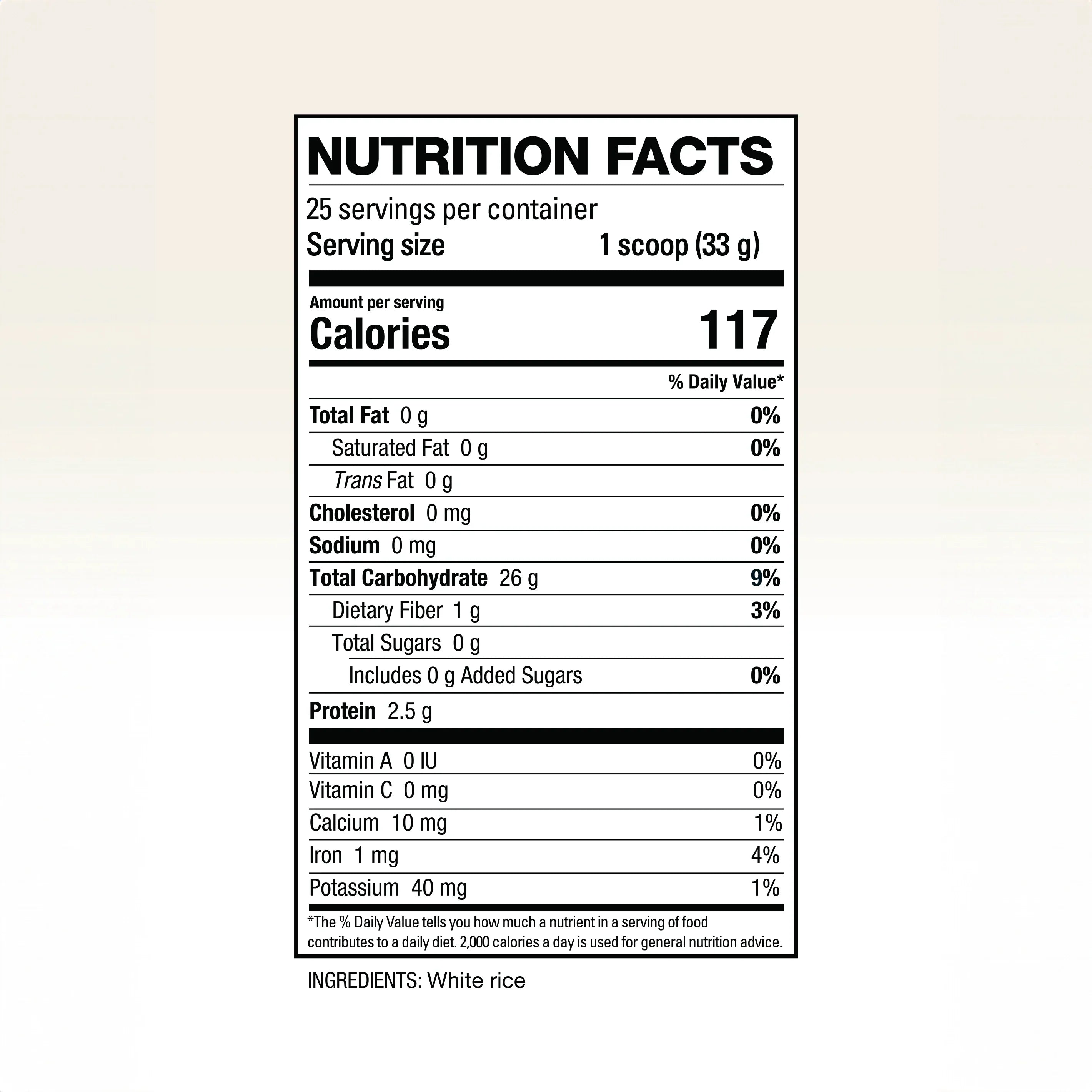Nutrition facts label for white rice protein powder, 117 calories per serving, 1 scoop.