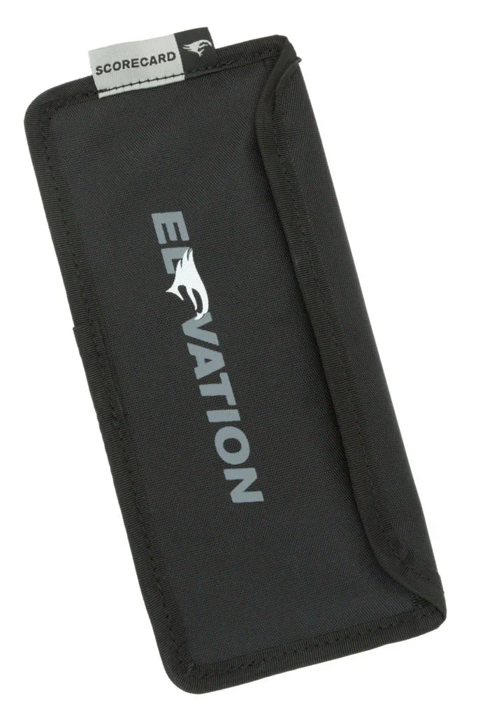 Black Elevation scorecard holder with visible logo and tab, isolated on white background.
