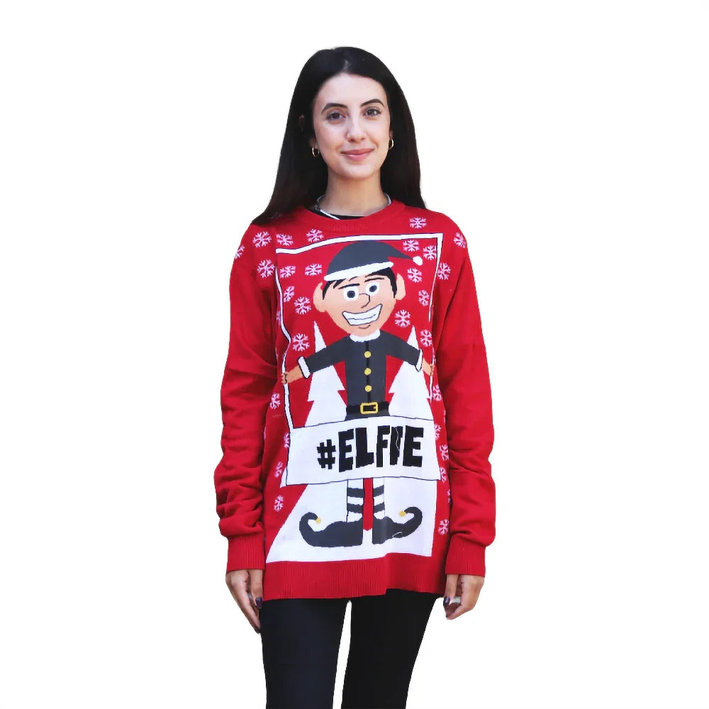 Woman wearing red Christmas sweater with cartoon elf and #ELFIE text