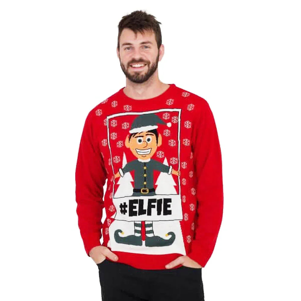 Man wearing red ugly Christmas sweater with cartoon elf and #ELFIE design