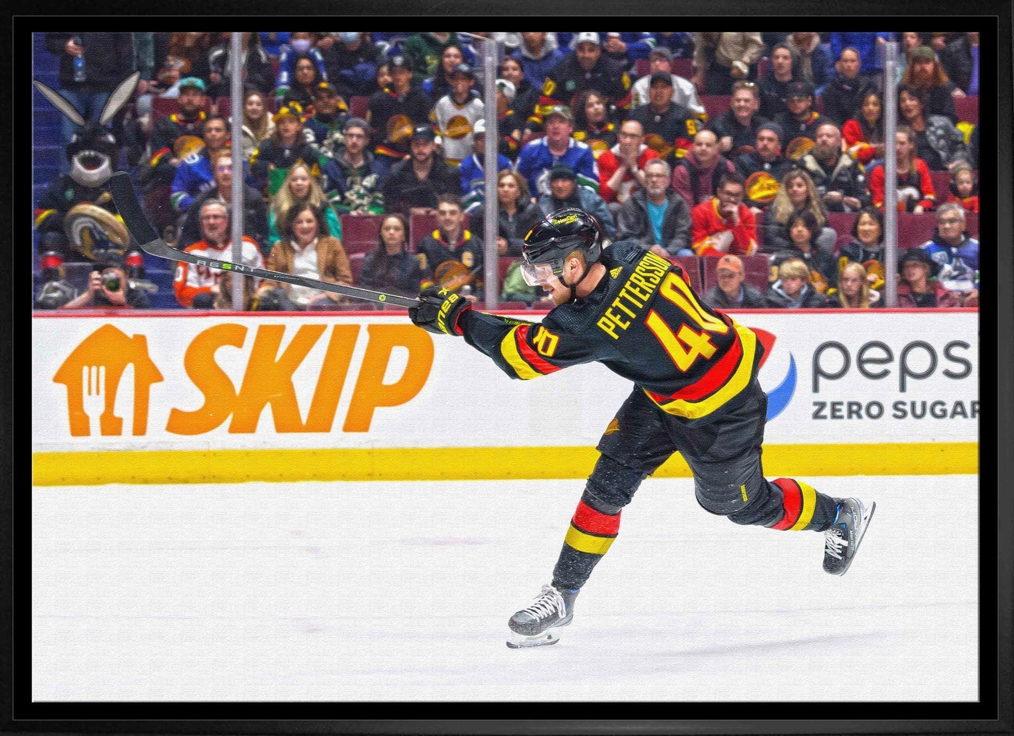 Hockey player in black Canucks jersey taking a shot on ice rink with crowd in background