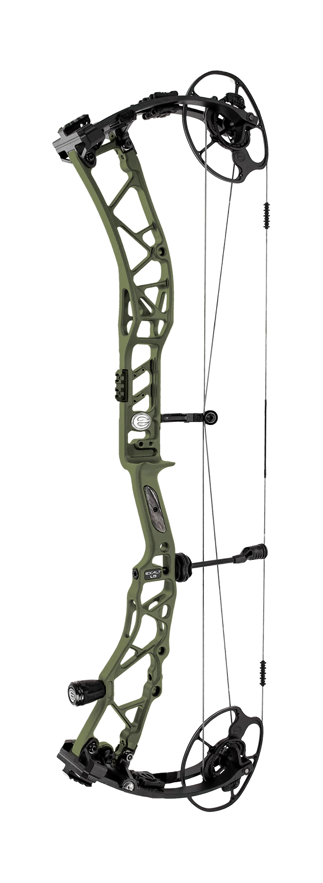 Olive drab green compound bow with black cams and modern cutout riser design