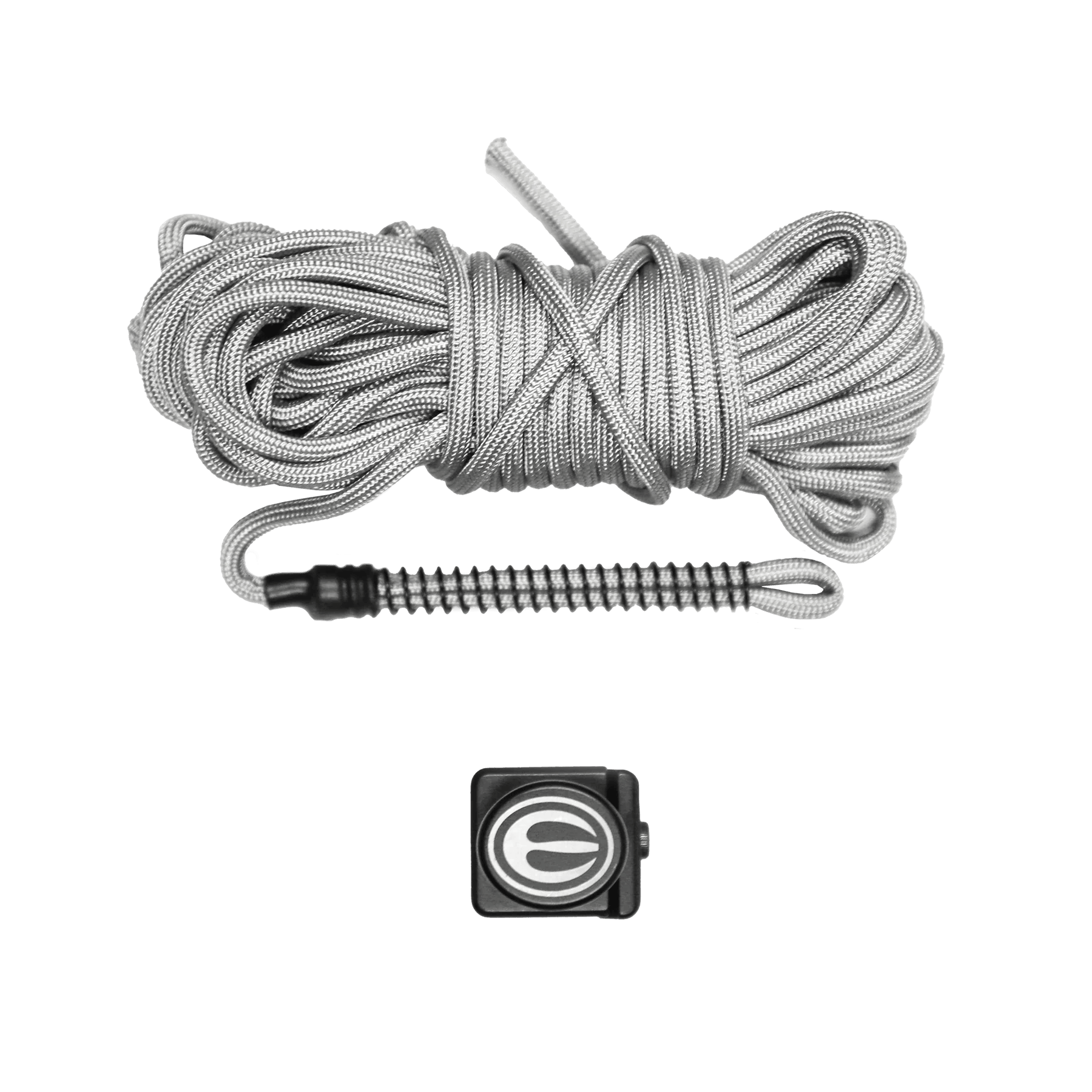 Gray utility rope with black hook and square logo clip, isolated on blue background