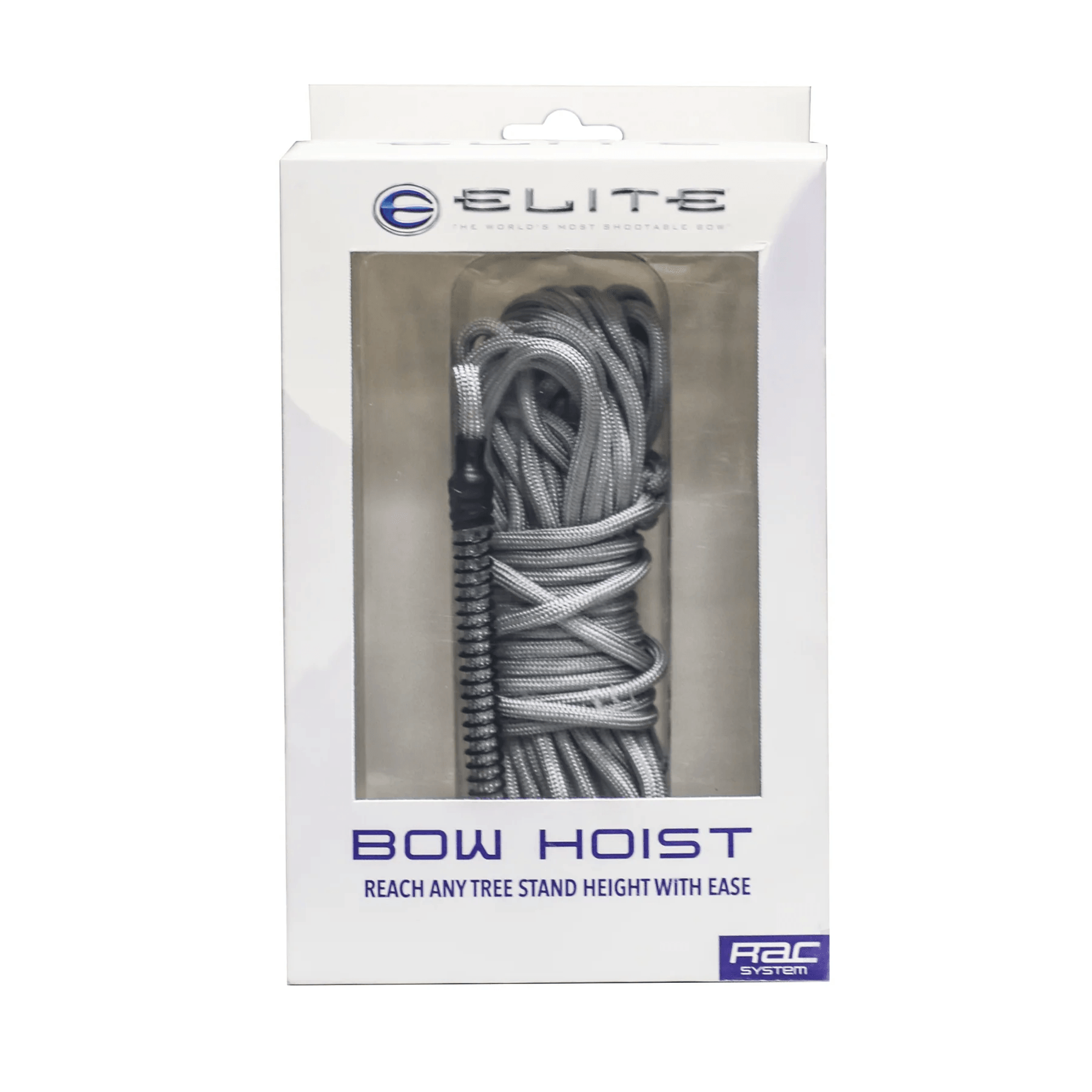 Elite Bow Hoist packaged in white box with clear window and coiled rope visible