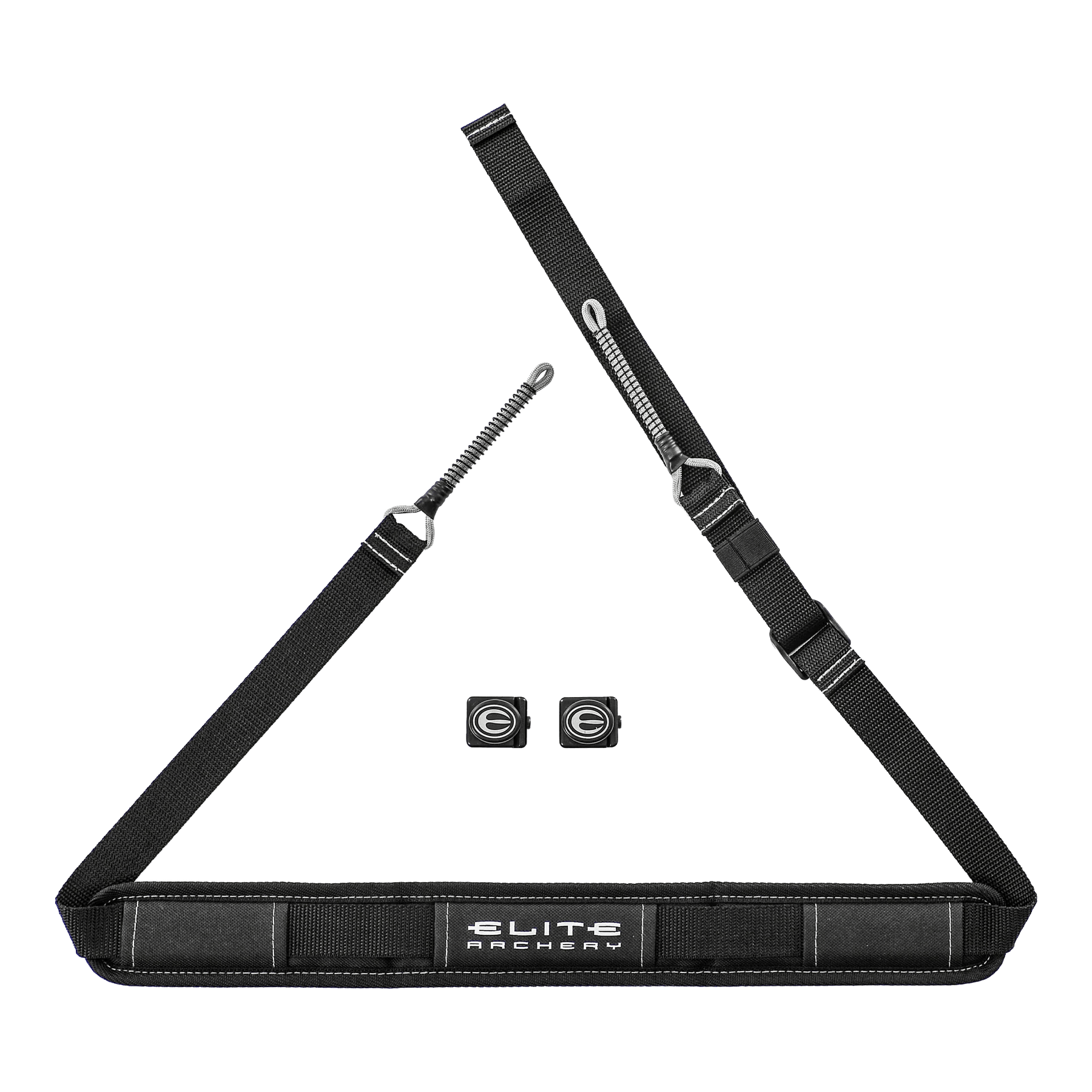 Elite Archery black adjustable bow sling with logo and mounting hardware on gray background