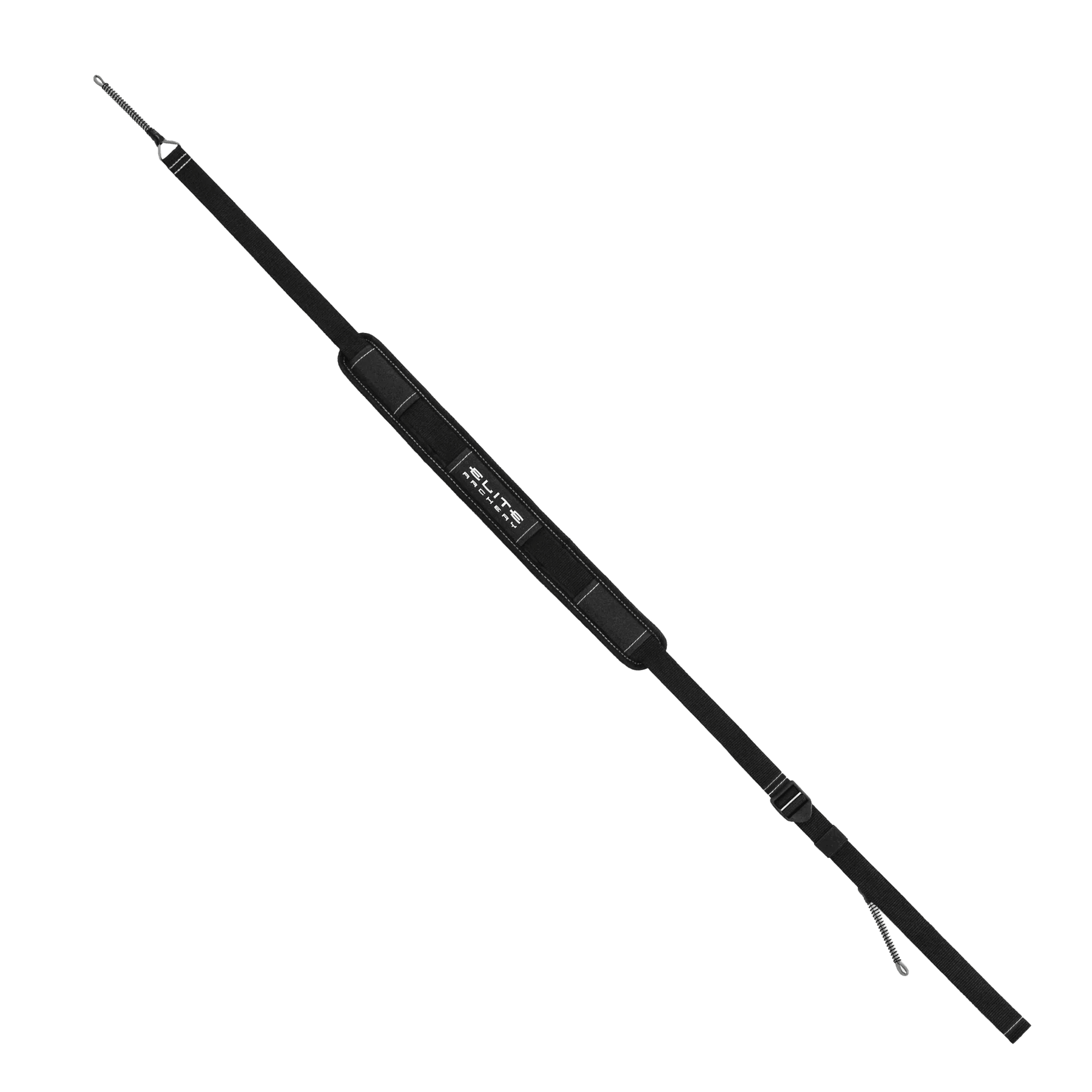 Black adjustable rifle sling with padded shoulder strap and metal hooks on gray background