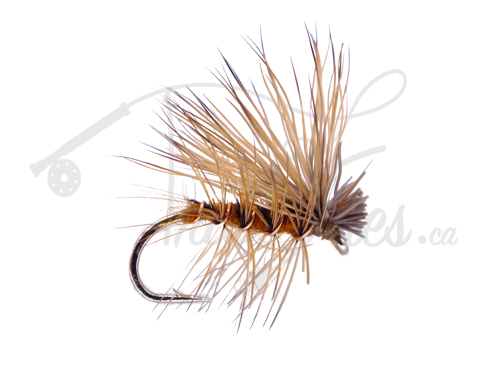 Brown Elk Hair Caddis dry fly fishing lure with spiky wing and hackle detail