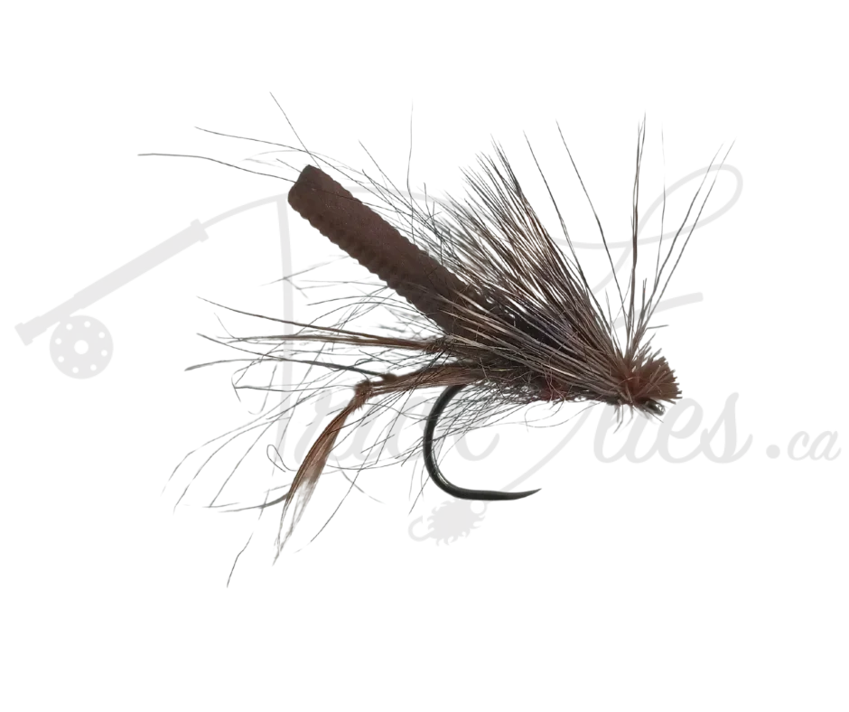 Elk Hair Caddis foam body brown fishing fly with brown wing and hackle on a hook