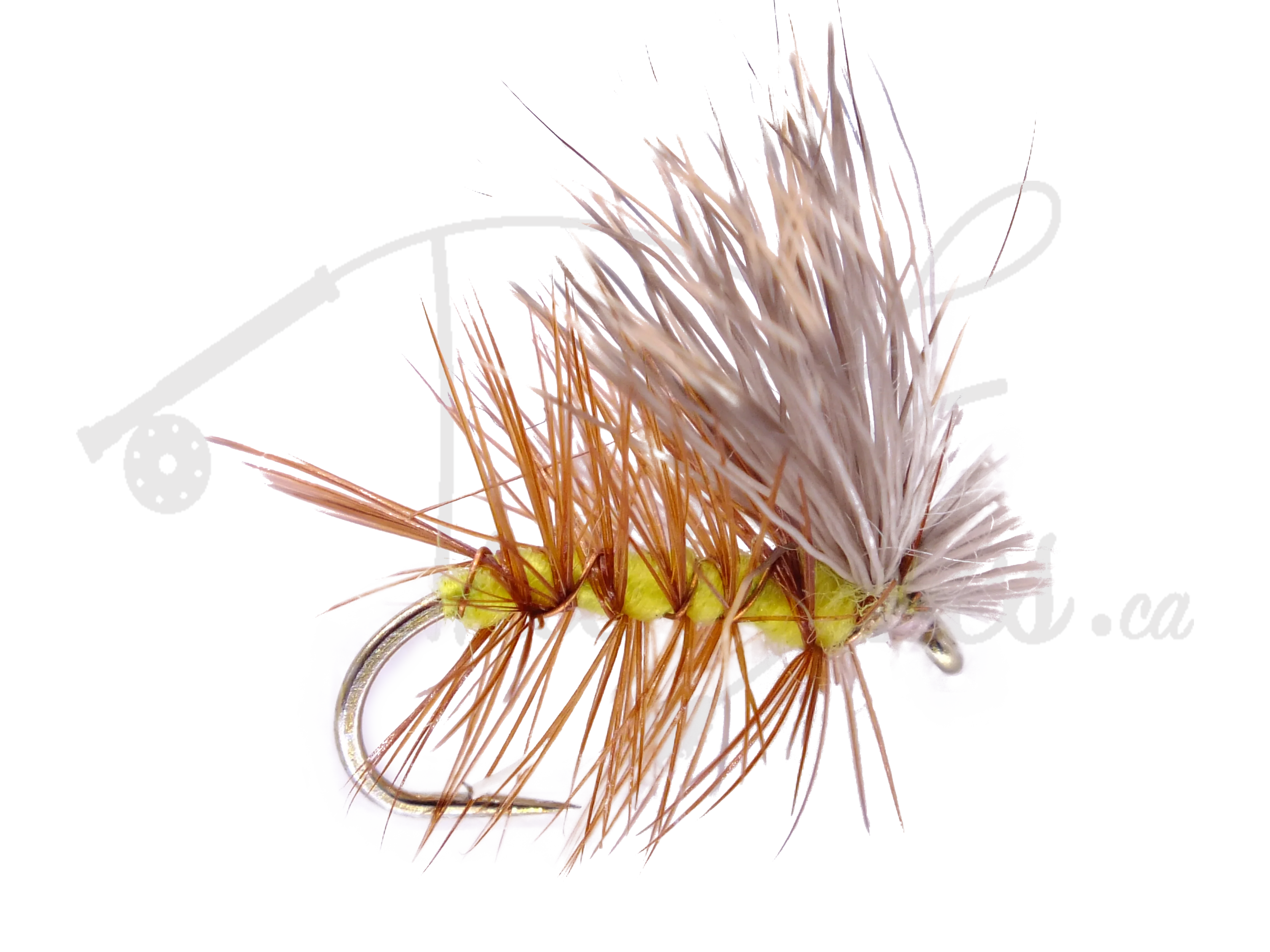 Yellow Elk Hair Caddis dry fly fishing lure with brown hackle and elk hair wing