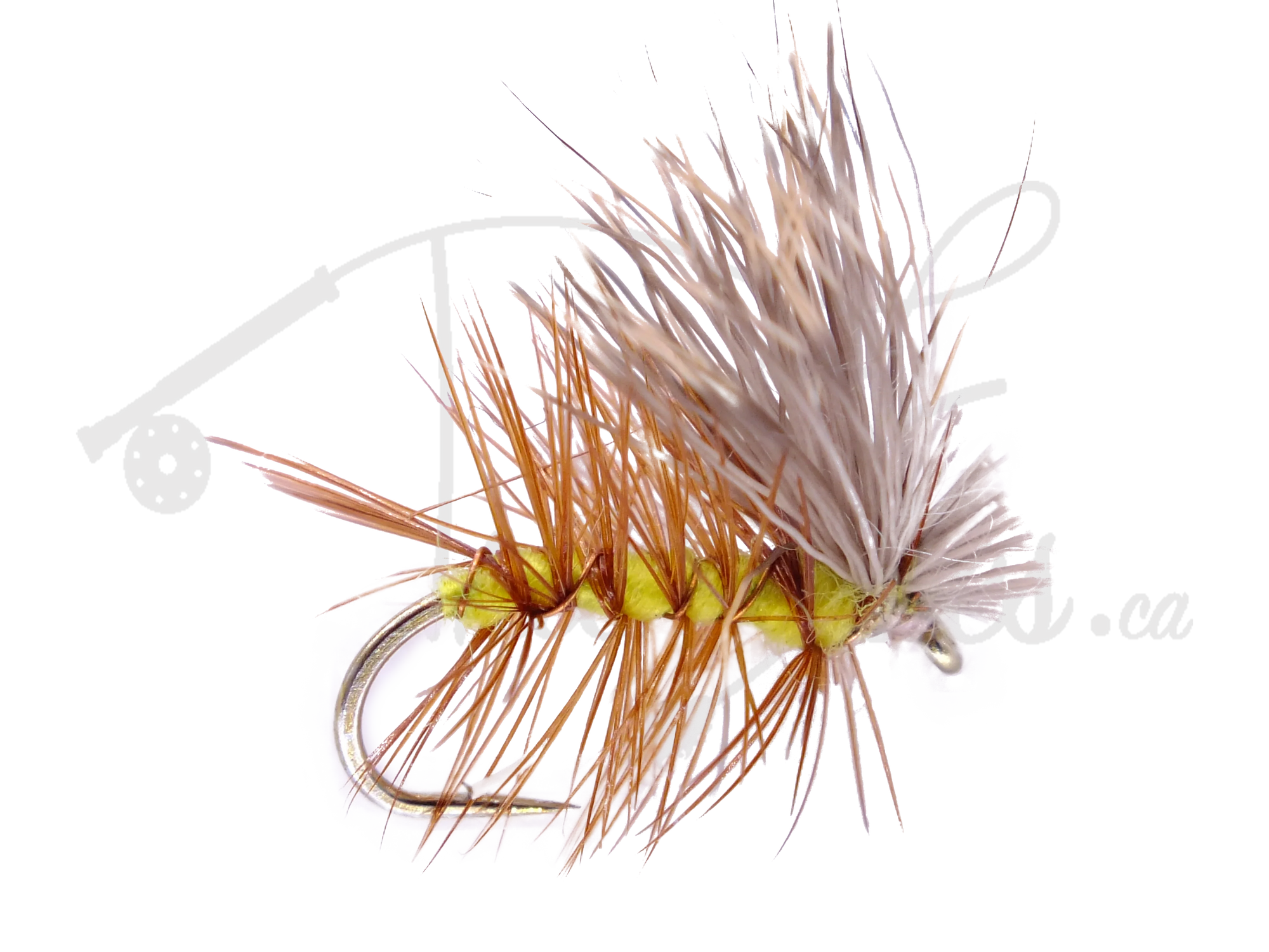 Yellow Elk Hair Caddis dry fly fishing lure with brown hackle and elk hair wing