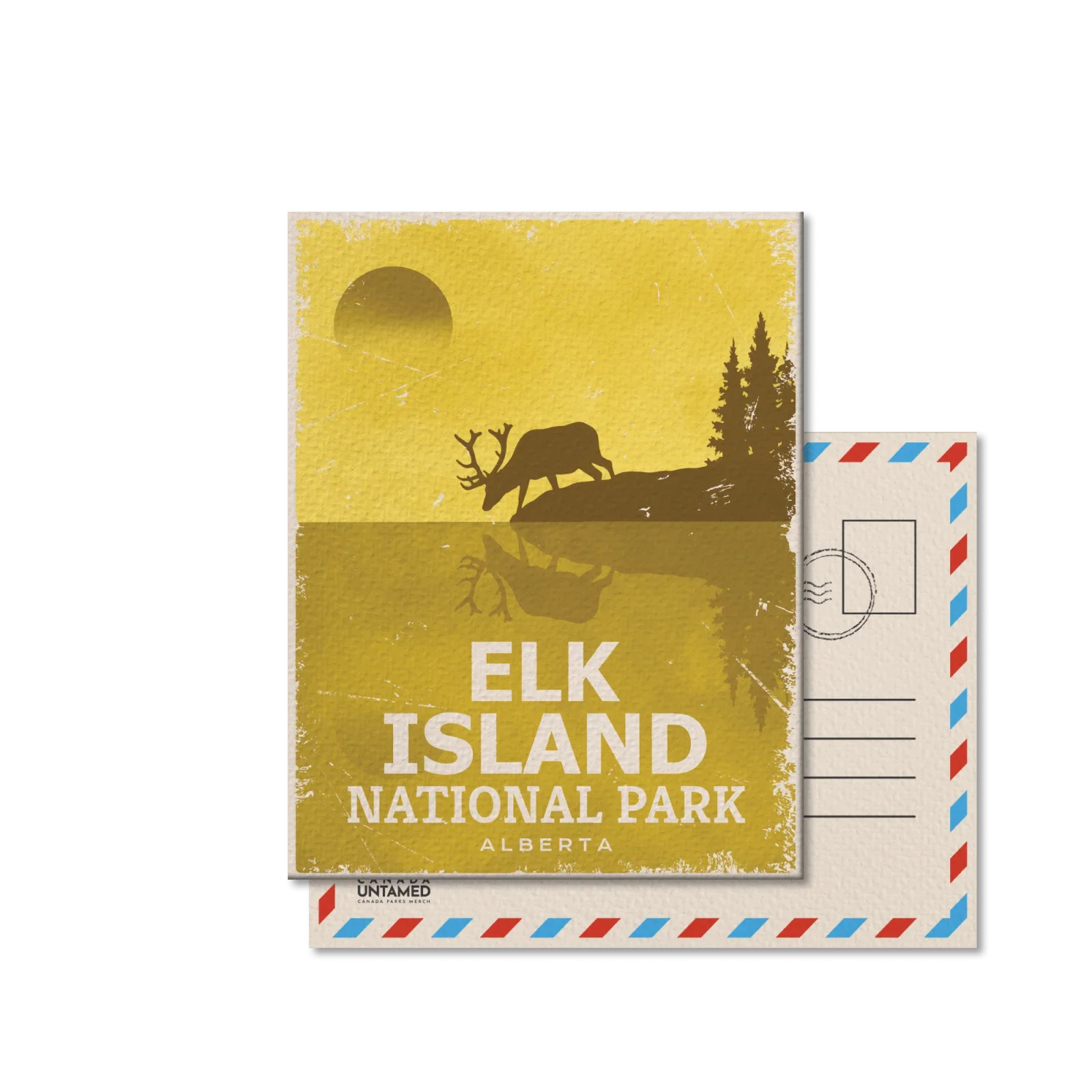 Elk Island National Park postcard with elk silhouette, trees, lake reflection, yellow background