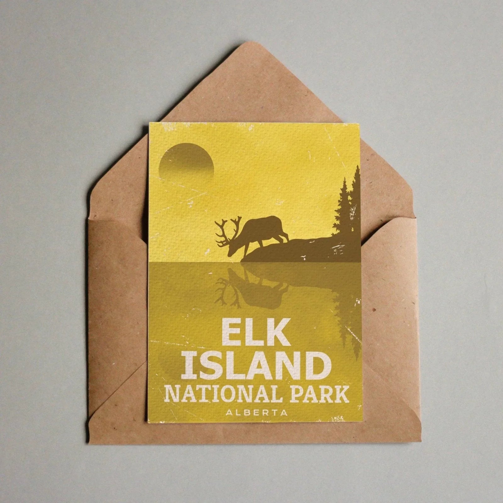 Elk Island National Park Alberta postcard with elk silhouette, lake reflection, and trees