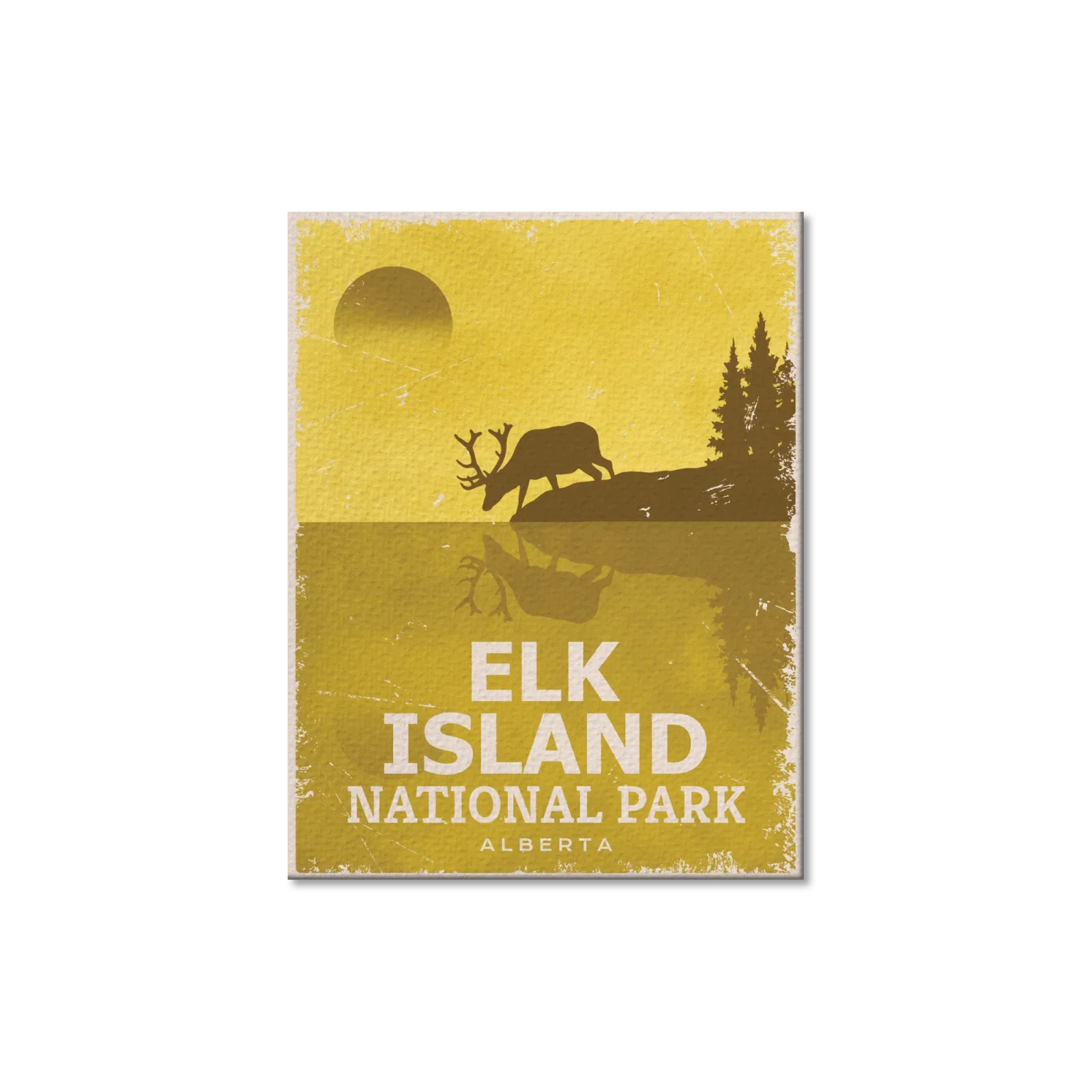 Elk Island National Park Alberta postcard with elk silhouette, sunset, and trees