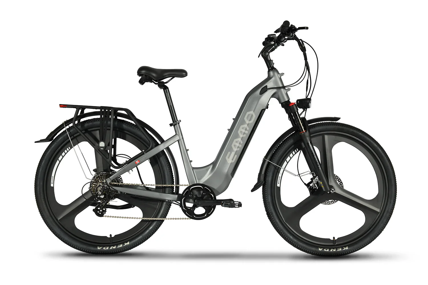 Emmo Pulse Pro electric bike in classic grey with black wheels and rear cargo rack