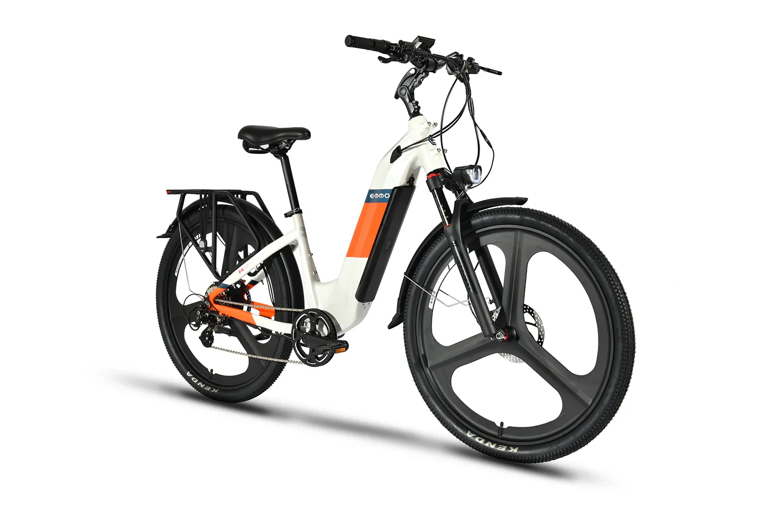 Emmo Pulse Pro electric bike in ivory and orange with black wheels, shown on white background