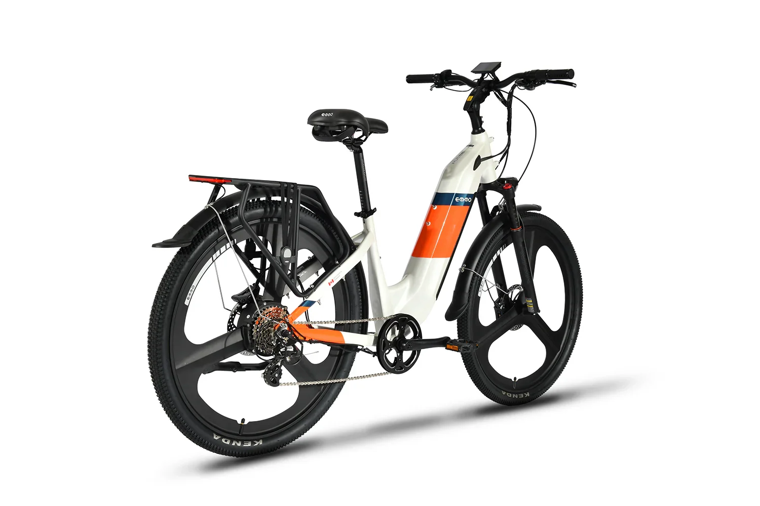 Emmo Pulse Pro electric bike in ivory and orange with black wheels and rear rack