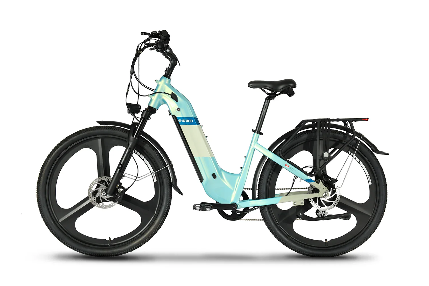 Emmo Pulse Pro electric bike in chameleon blue with step-through frame and black wheels