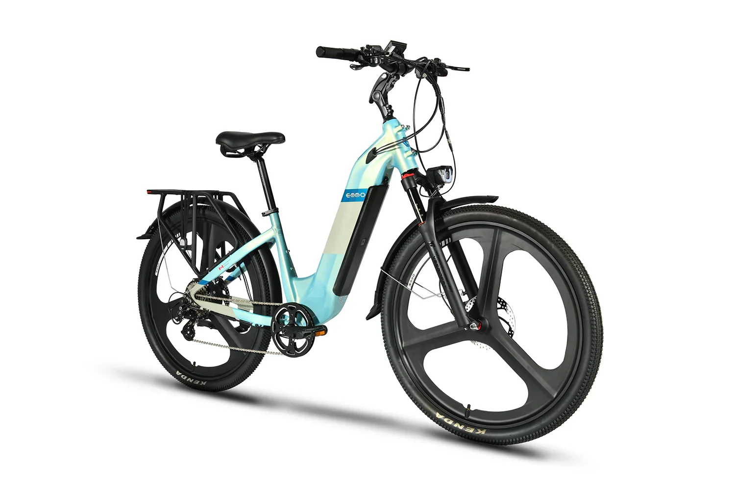 Emmo Pulse Pro electric bike in chameleon blue with mag wheels and rear rack