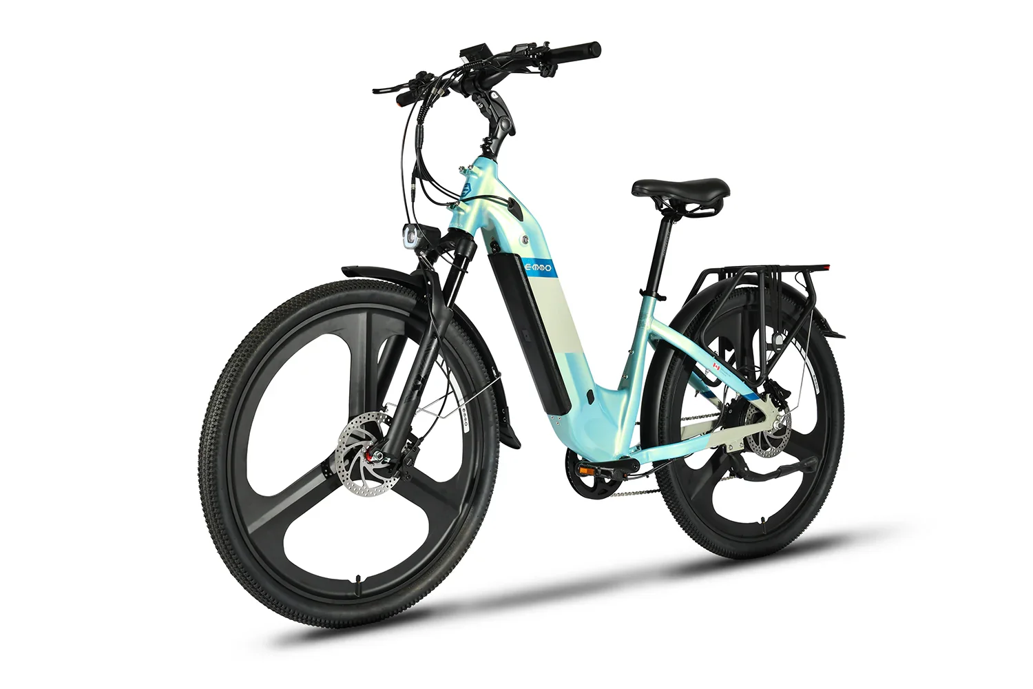 Emmo Pulse Pro electric bike in chameleon blue with mag wheels on a white background