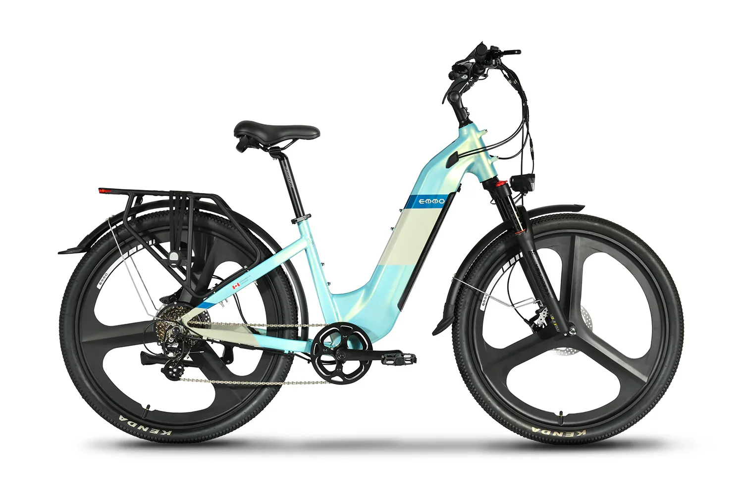 Emmo Pulse Pro electric bike in chameleon blue with black wheels and rear rack