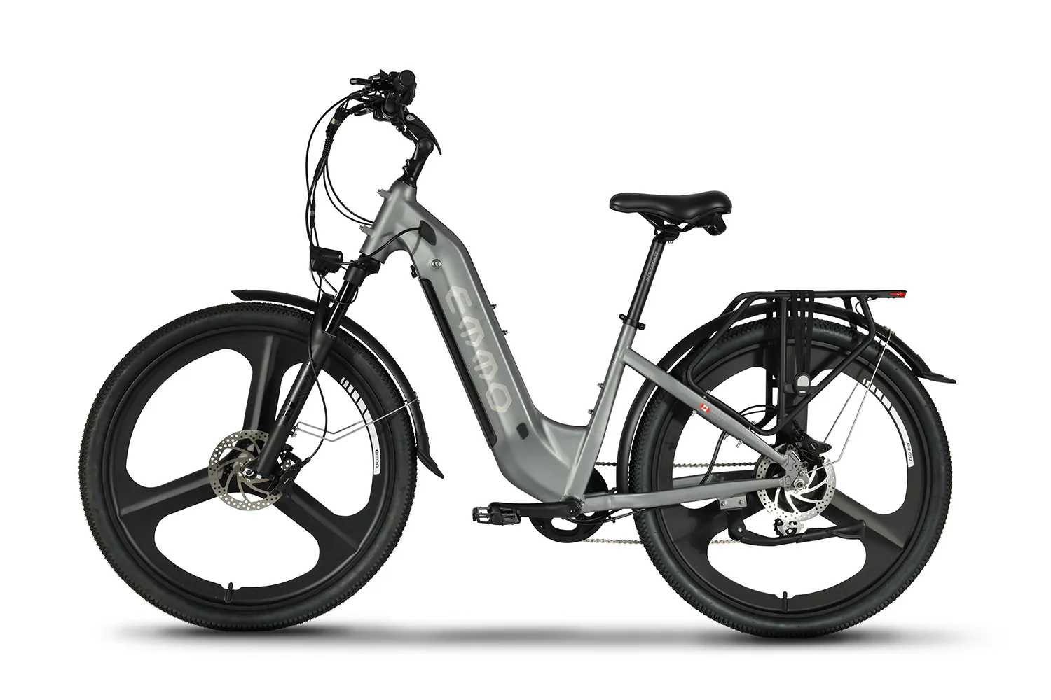 Emmo Pulse Pro electric bike in classic grey with mag wheels and rear rack, side view