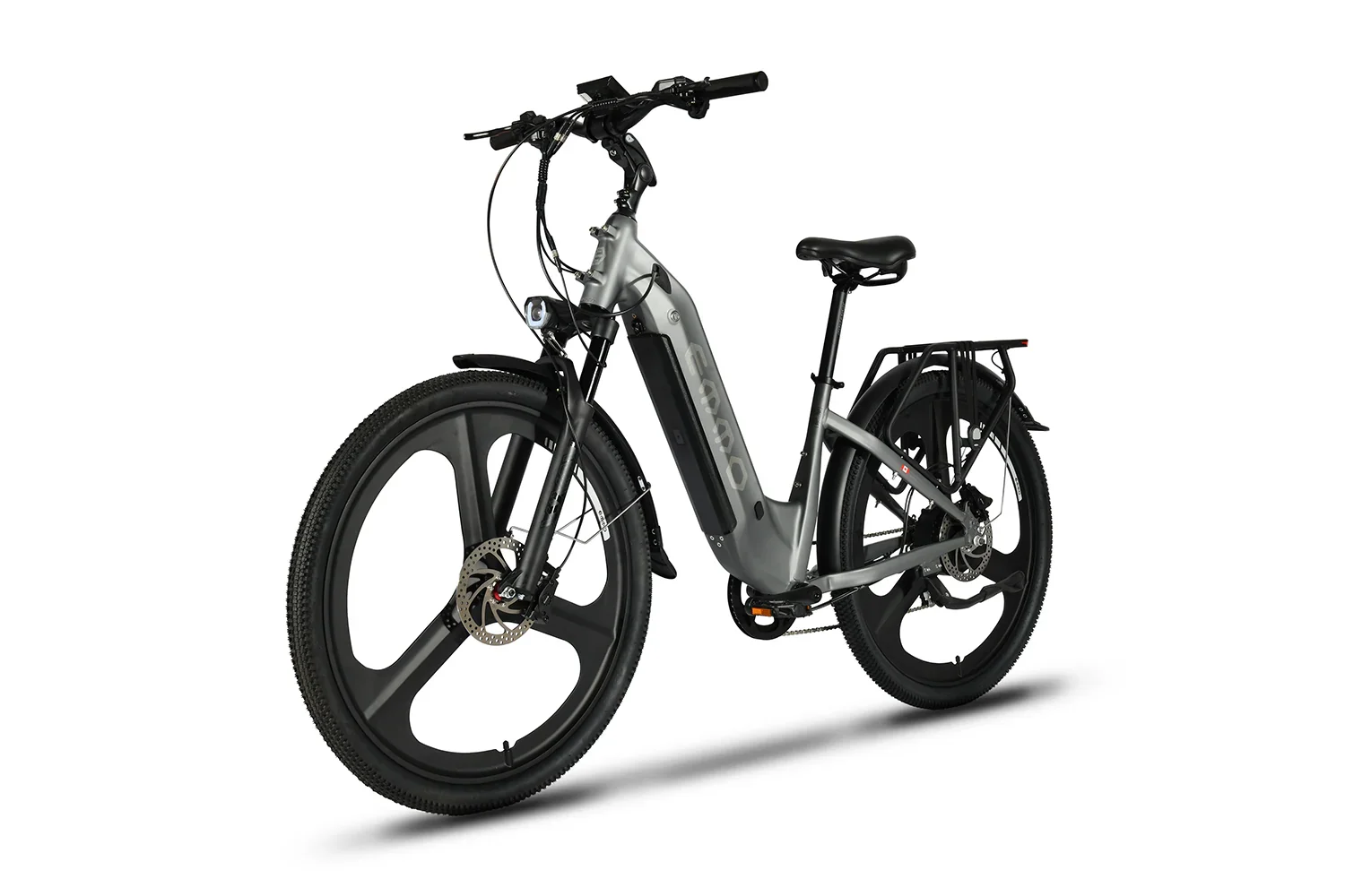 Emmo Pulse Pro electric bike in classic grey with step-through frame and rear rack