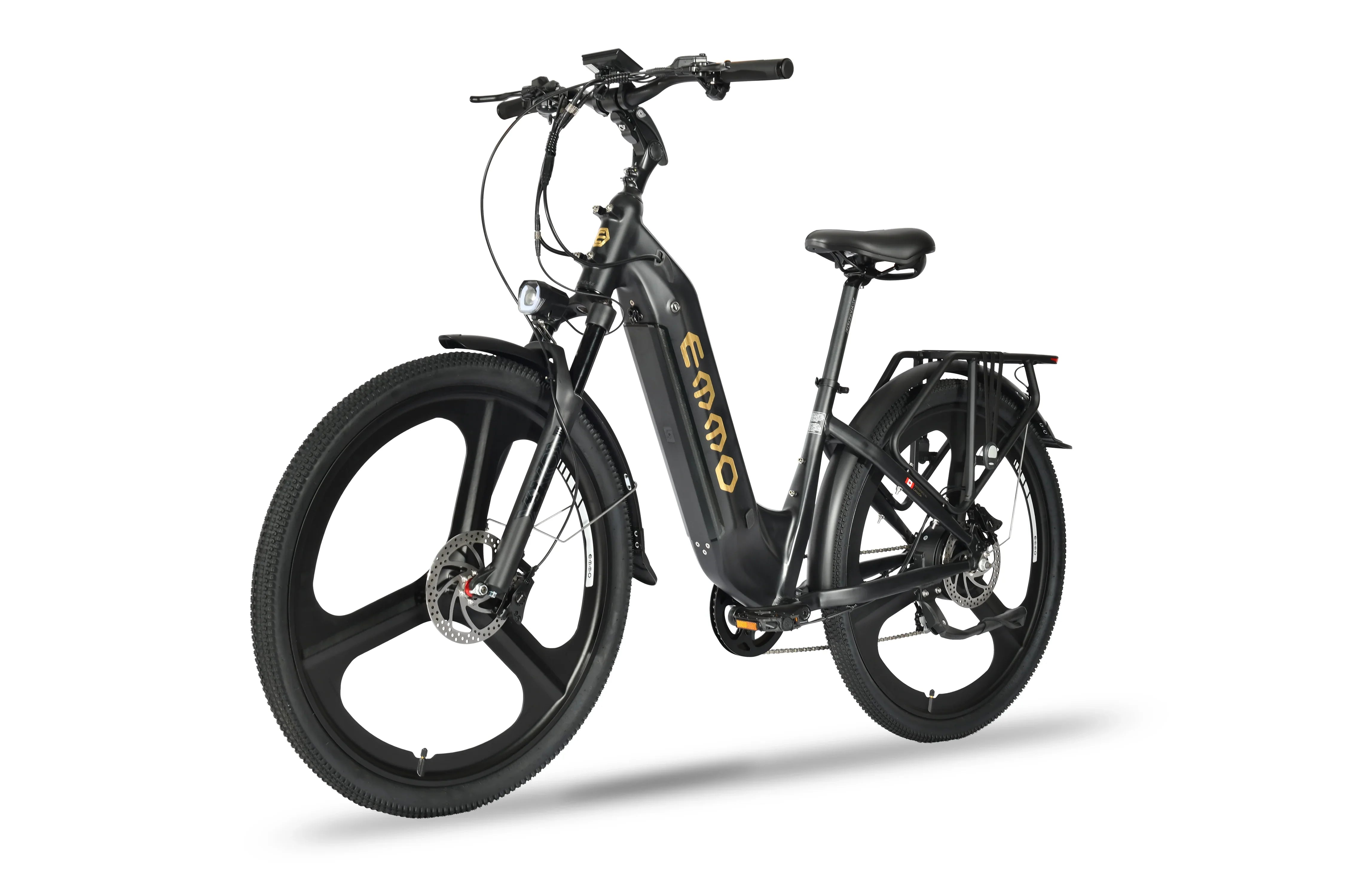 Emmo Pulse Pro electric bike in midnight black with step-through frame and mag wheels